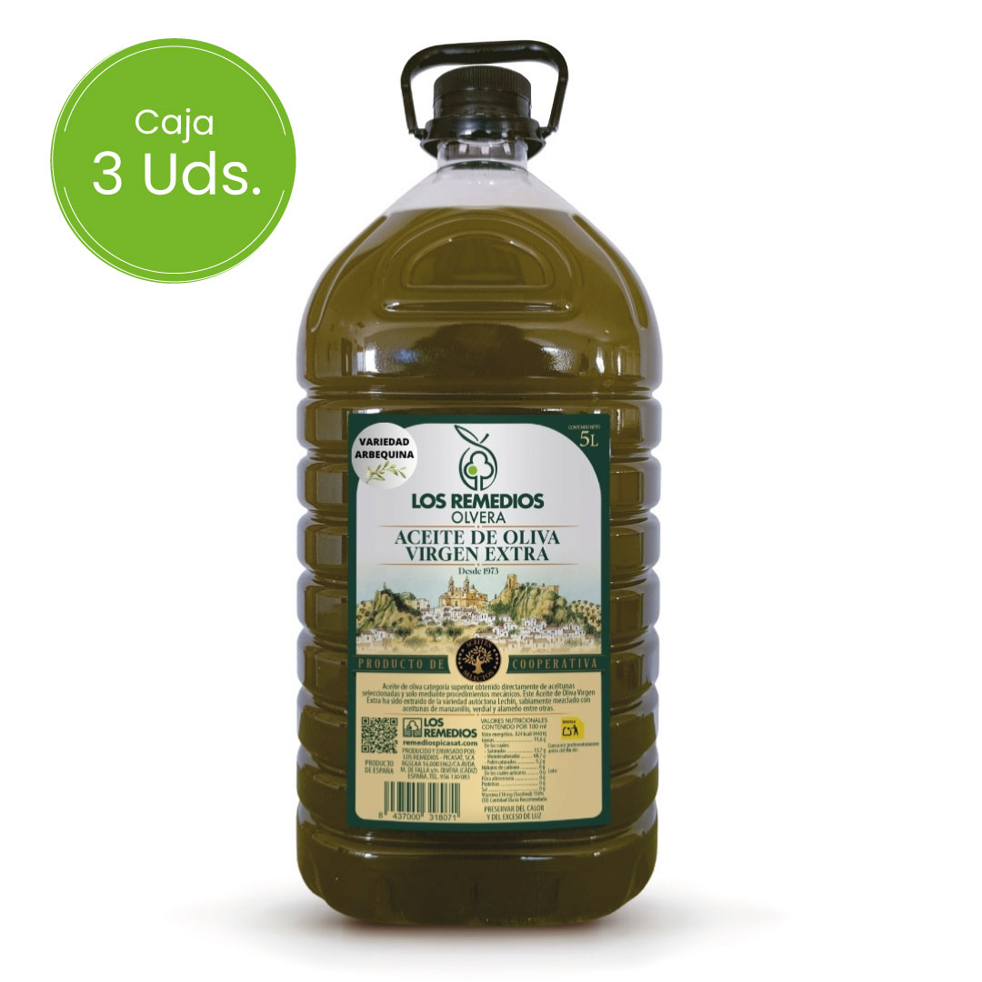 Aceite de Oliva Virgen Extra Los Remedios Arbequino PET 5L – Caja 3 Uds.